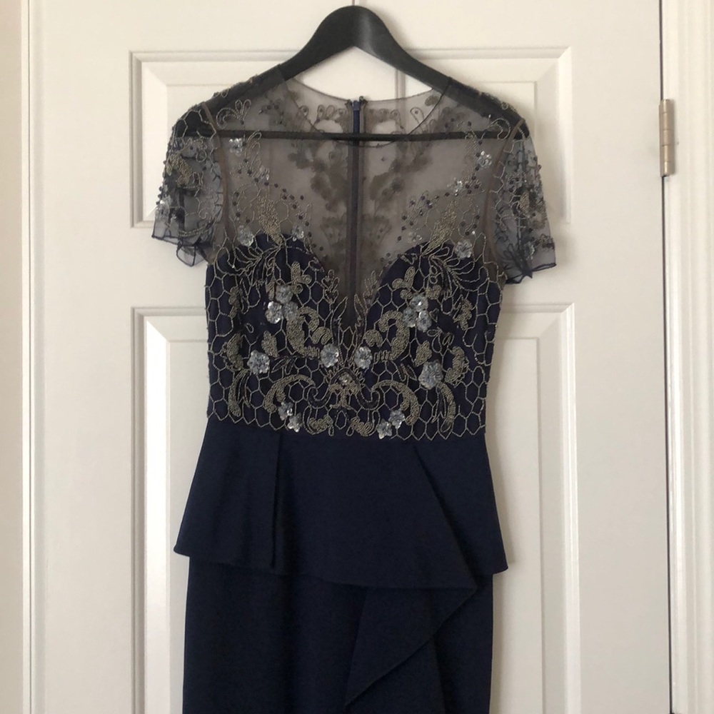 Marchesa Notte Beaded Peplum Gown